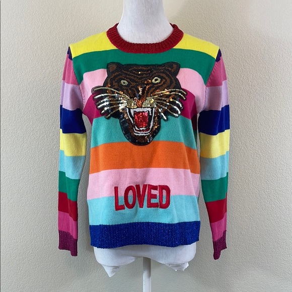 Sweaters - Multicolor Striped Sweater with Tiger Motif